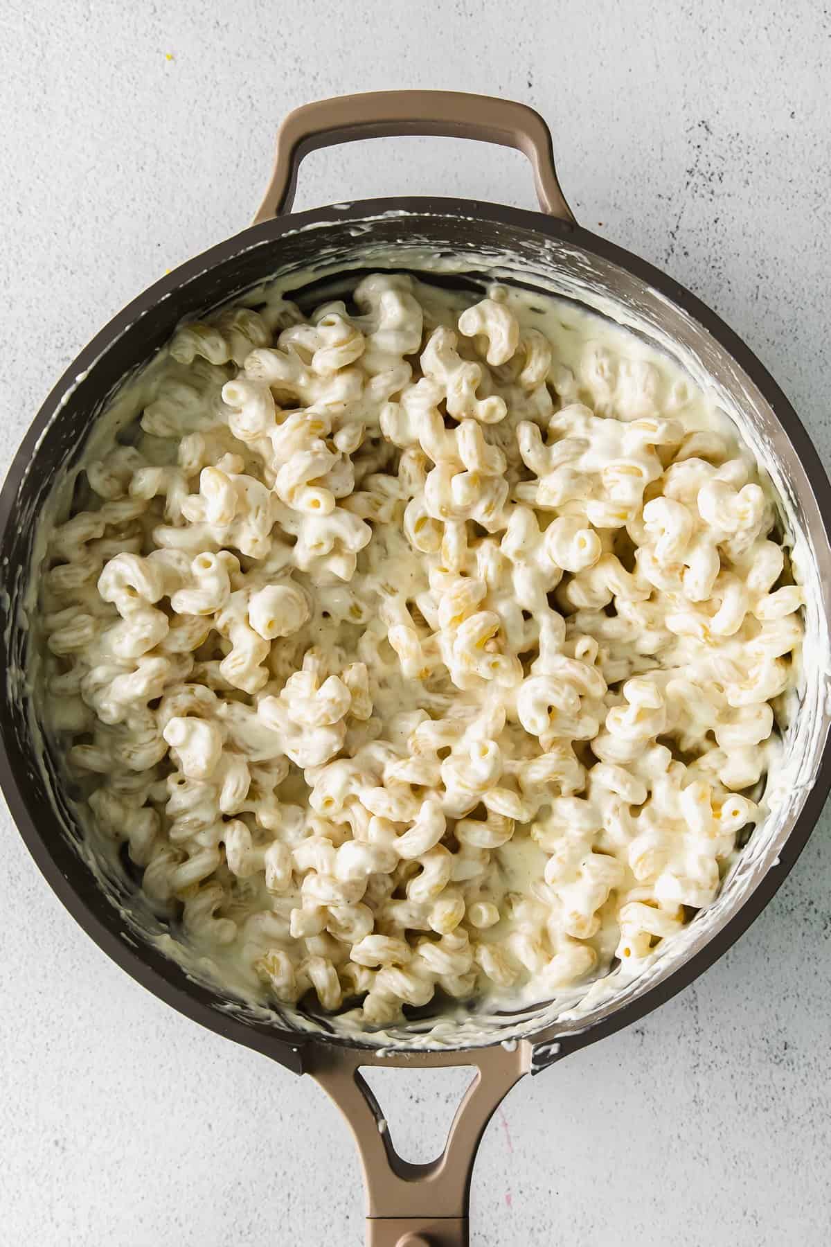 pasta in skillet pan.