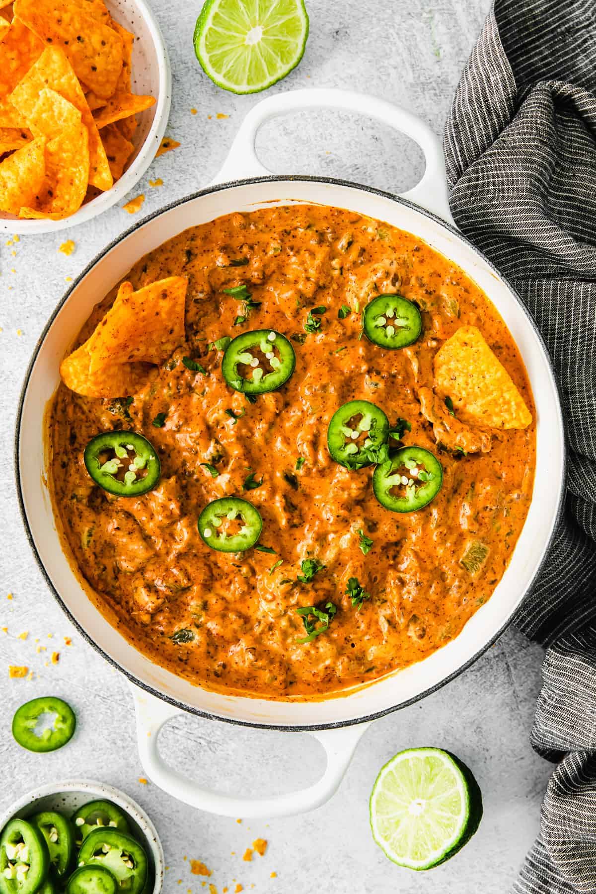 Jalapeno popper dip topped with jalapeno slices. 