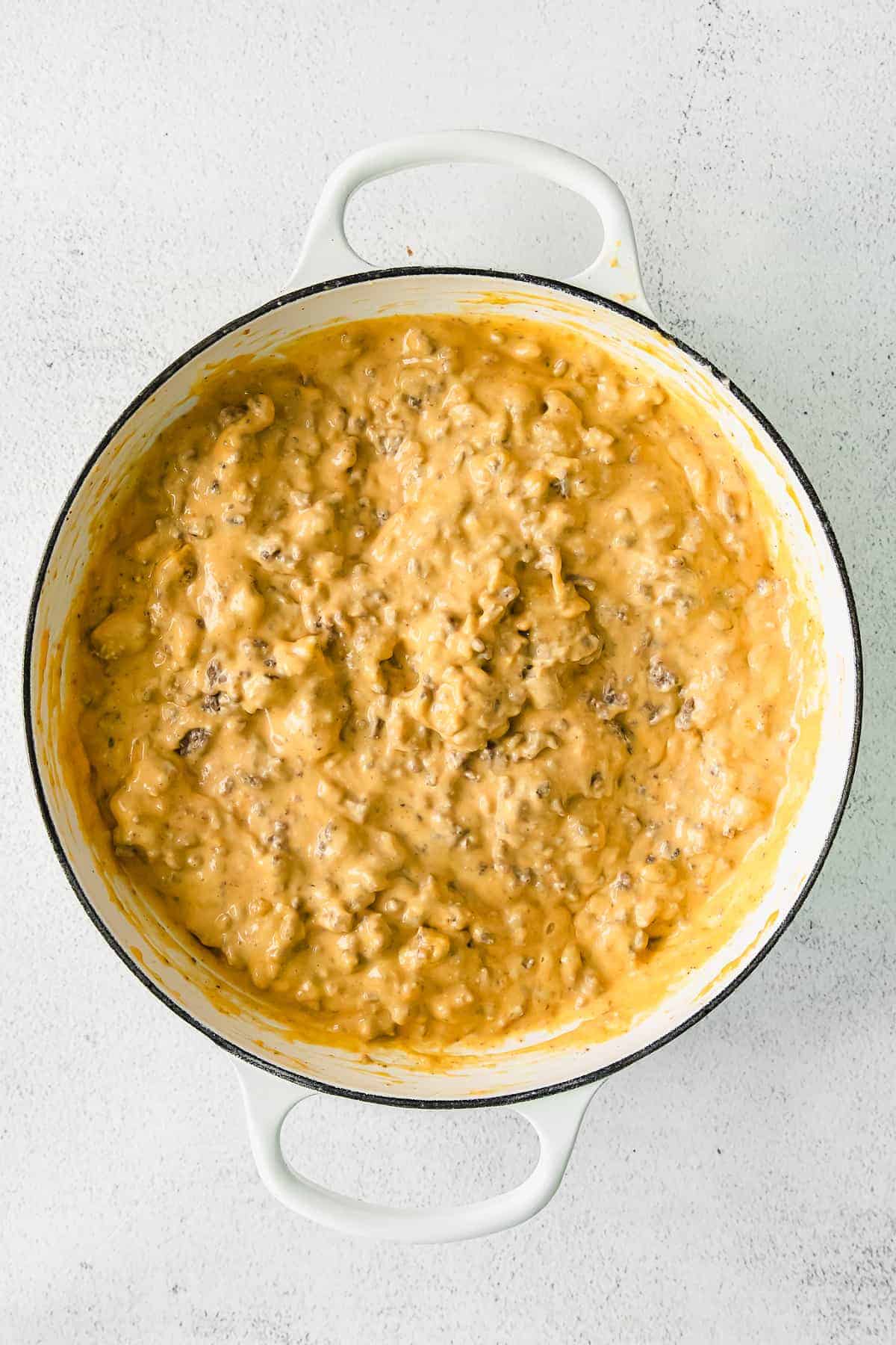 Jalapeno popper dip in a dutch oven. 