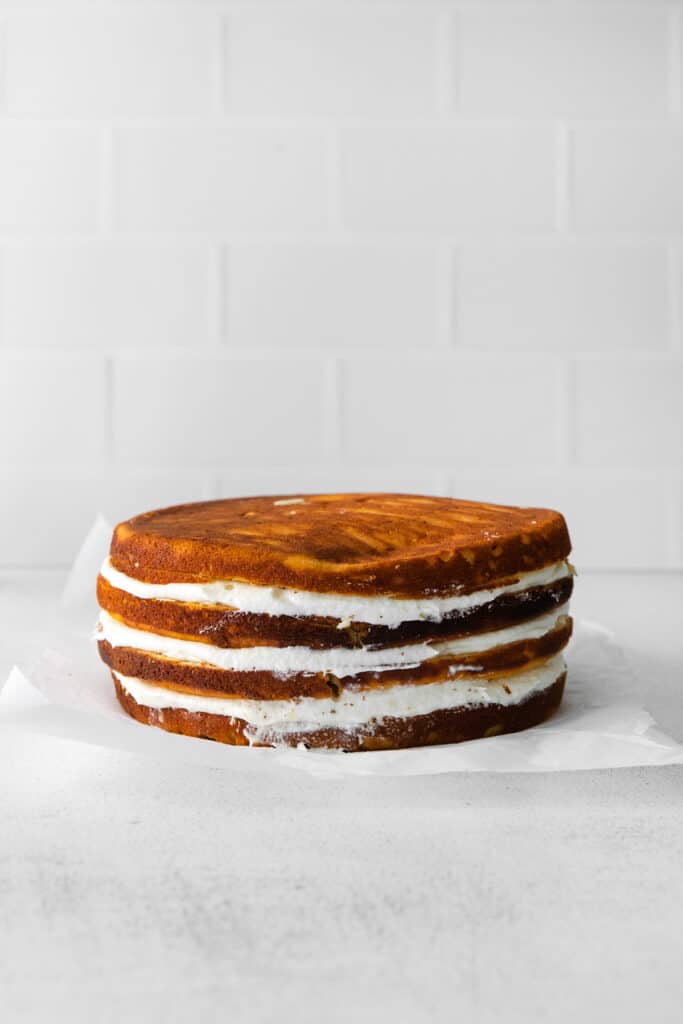 Ricotta layer cake on parchment paper. 