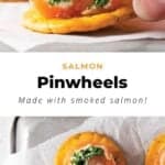 salmon pinwheels made with salmon on a baking sheet.