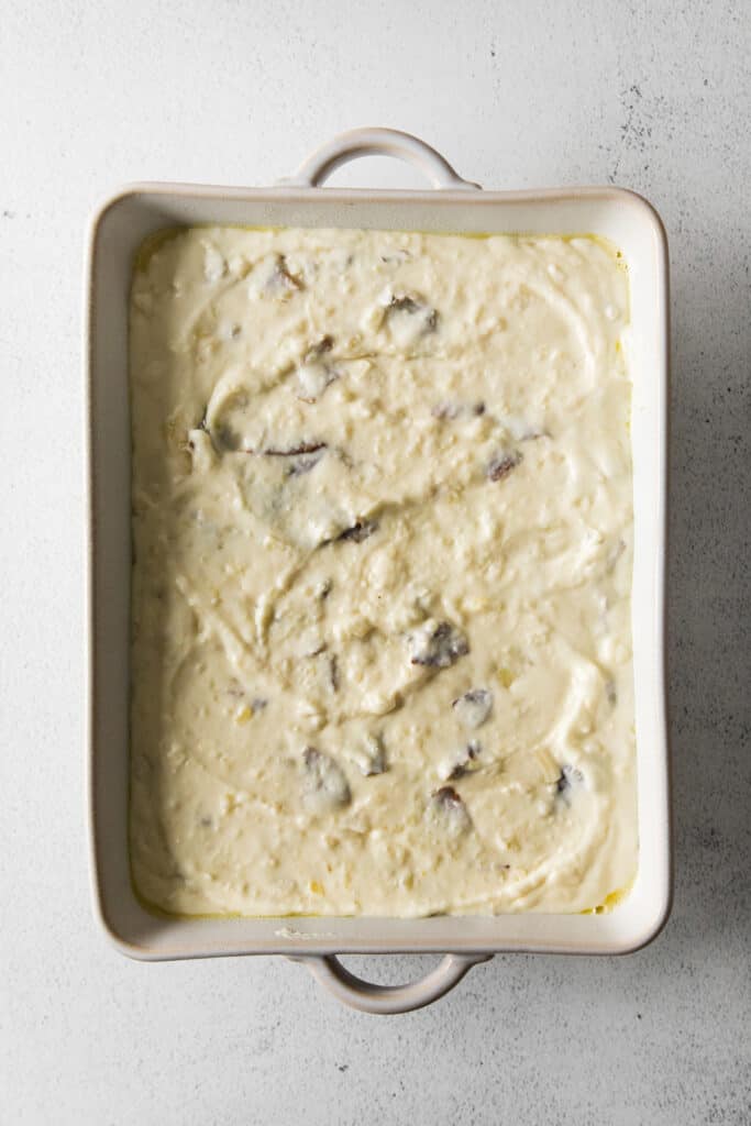 Mashed potatoes in a casserole dish. 