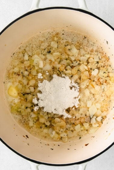 a pot filled with flour and other ingredients.