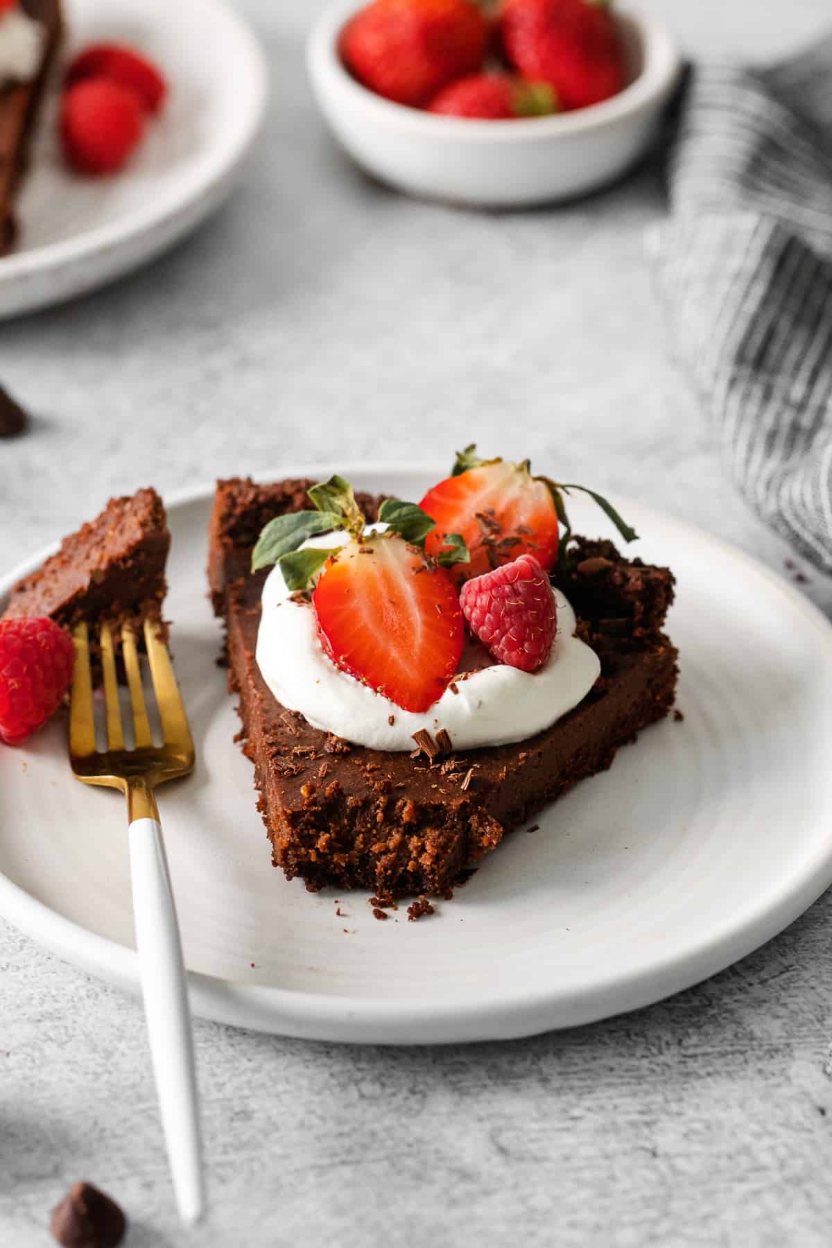 A slice of a chocolate tart. 