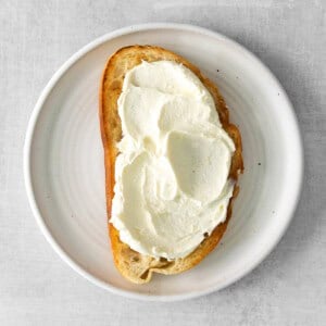 a mascarpone toast topped with whipped cream.