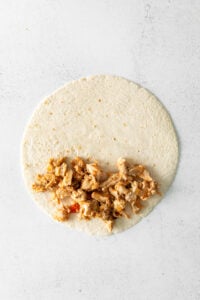 a burrito filled with chicken and cheese on a white background.