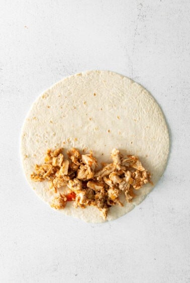 a burrito filled with chicken and cheese on a white background.