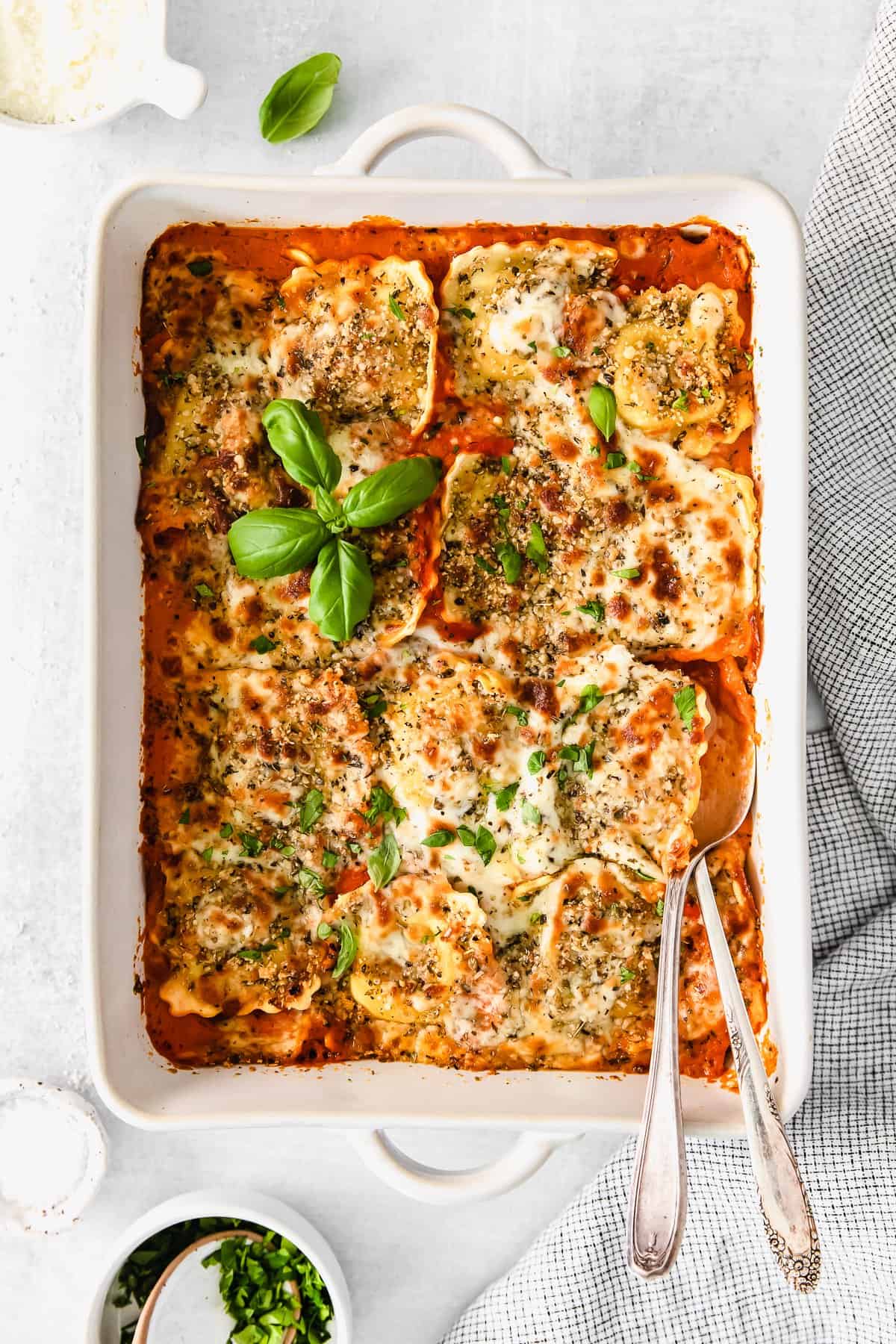 Baked ravioli in a casserole dish. 