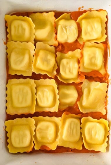 Assembling the baked ravioli.