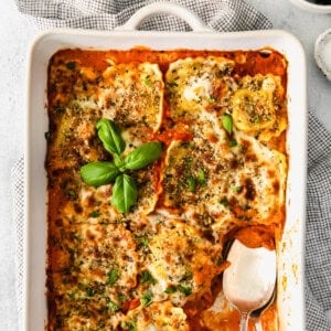 Baked Ravioli in a casserole dish.