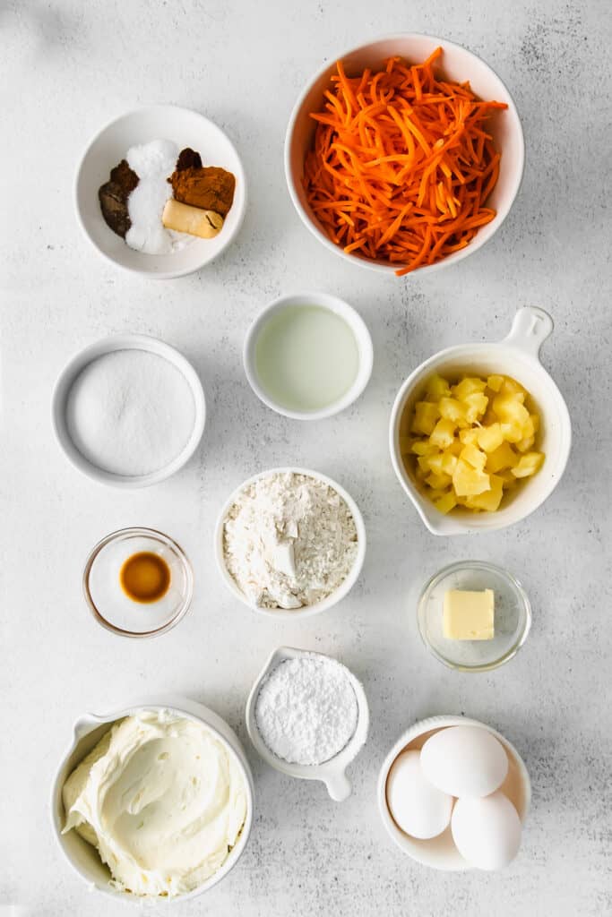 ingredients for carrot cake roll in bowls