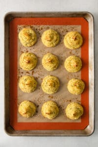Duchess Potatoes on a baking sheet.
