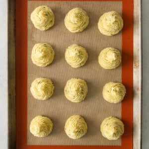 Duchess Potatoes on a baking sheet