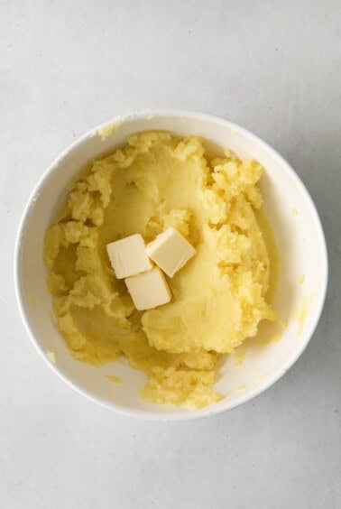 Duchess potatoes mashed in a bowl.