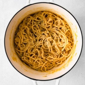Garlic parmesan pasta ready to eat in a Dutch oven.