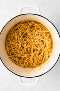Cooked pasta in a Dutch oven.