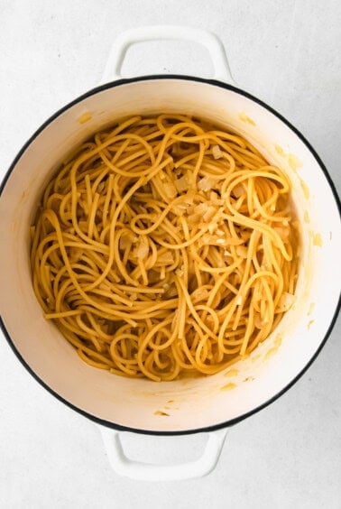 Cooked pasta in a Dutch oven.