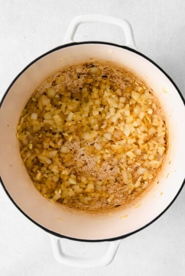 Sautéing onions in a dutch oven.
