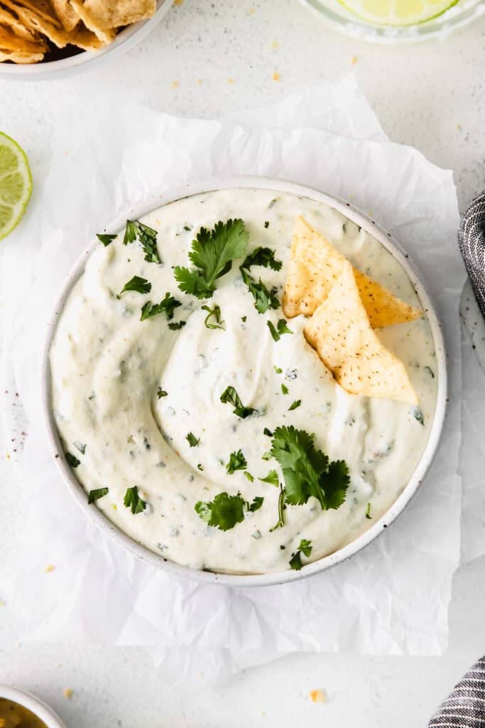 queso fresco dip in bowl with chips