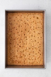 graham cracker bars in a metal pan on a white background.