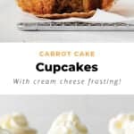 Carrot cake cupcakes topped with cream cheese frosting.