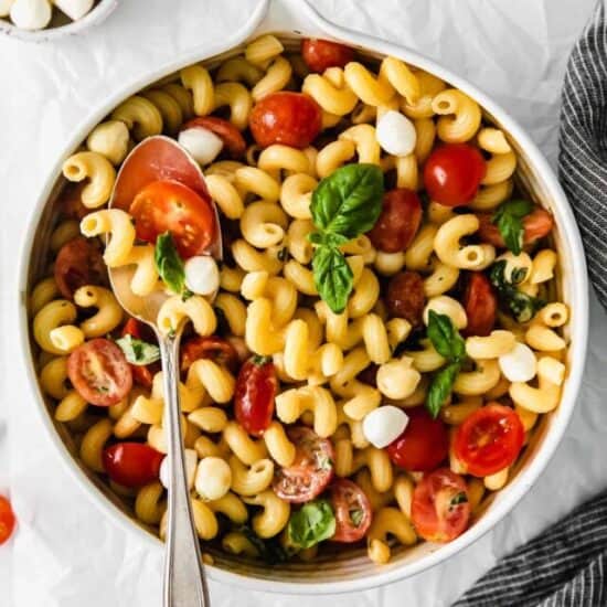 a bowl of caprese pasta salad