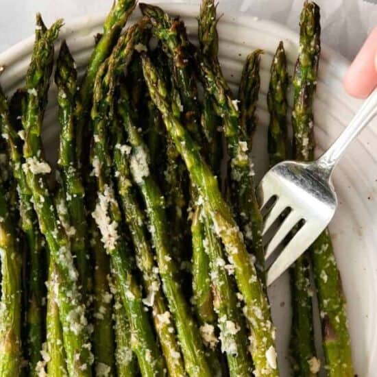 a plate of roasted parmesan asparagus