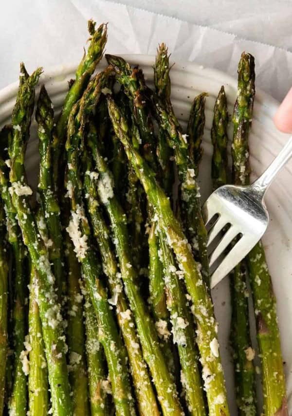 a plate of roasted parmesan asparagus
