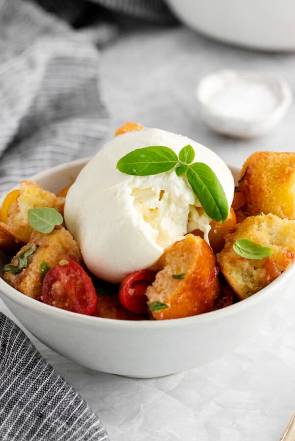 Panzanella salad with burrata in a bowl.