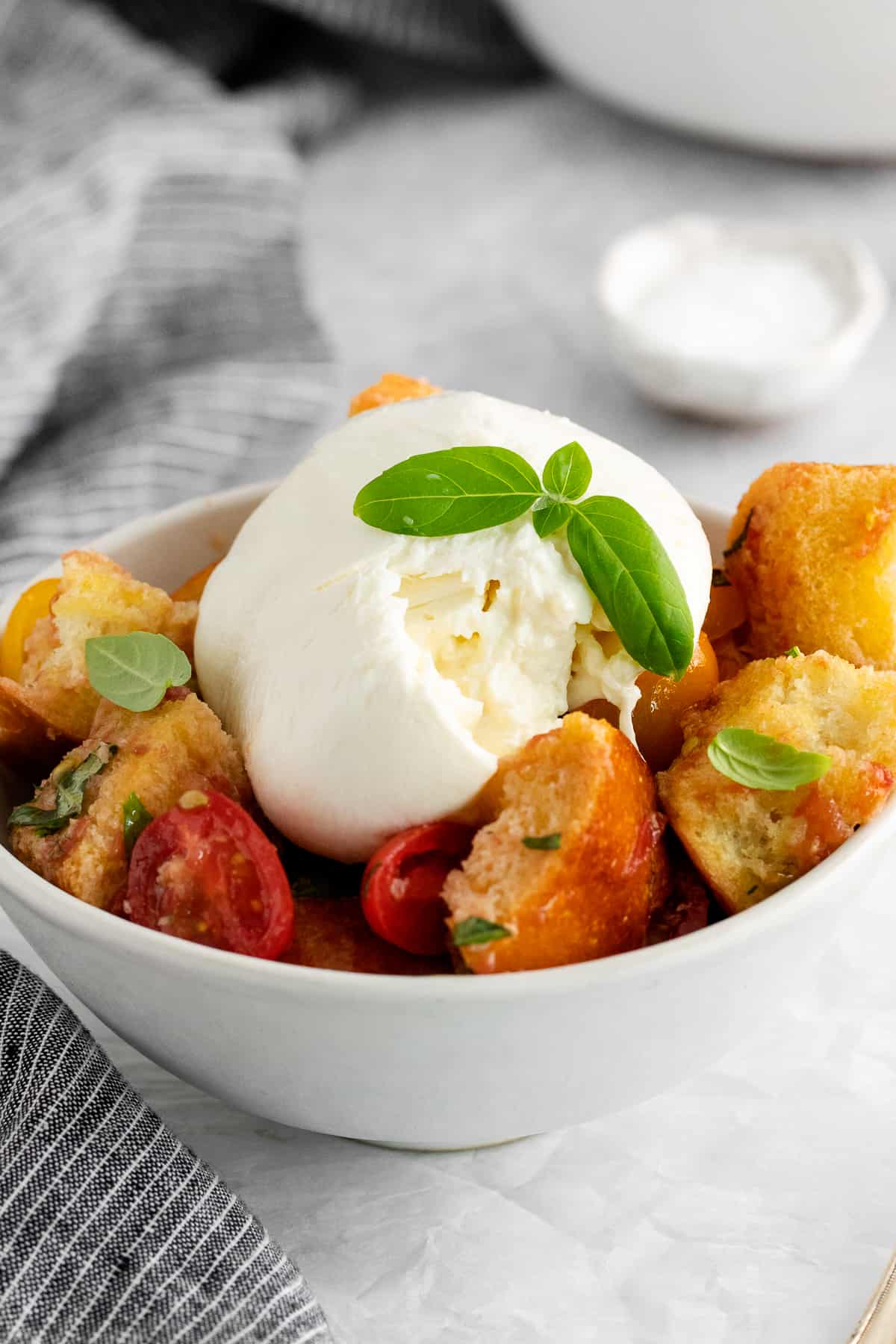 Panzanella salad with burrata in a bowl.