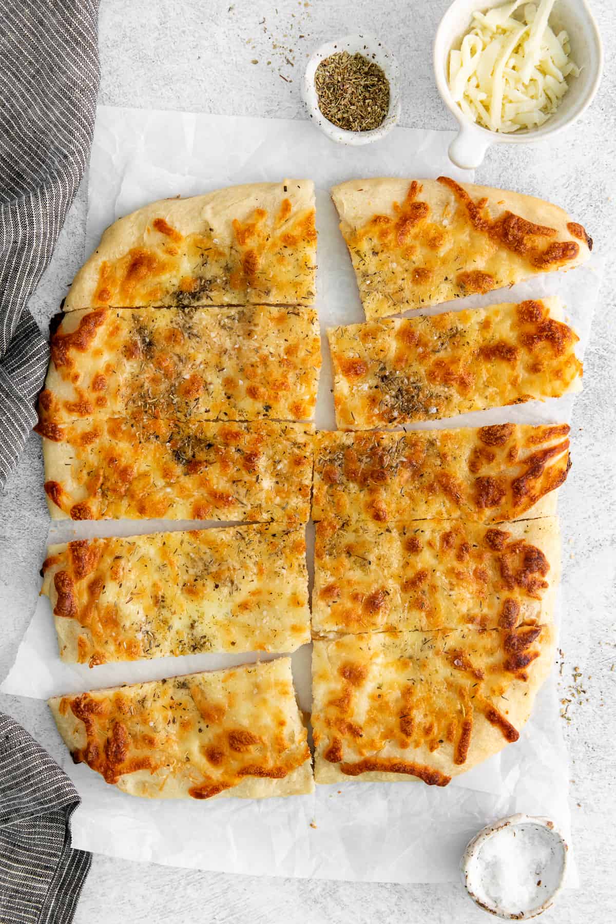 Cheese bread cut into slices.
