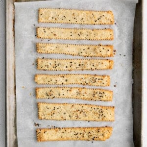 cheese crackers on baking sheet.