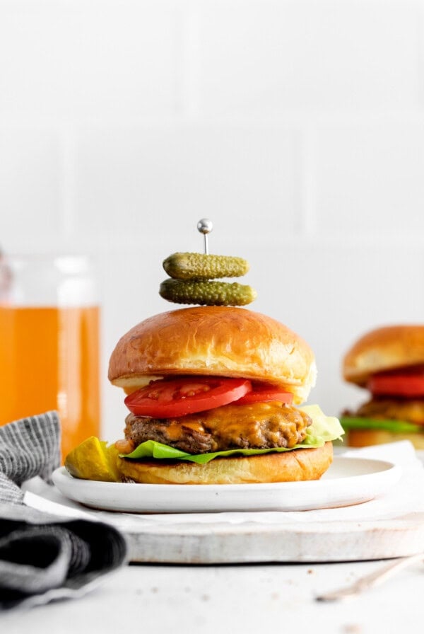 Cheeseburger on a plate.