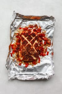 a piece of fish on a piece of foil.