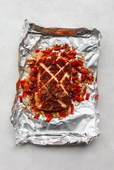 a piece of fish on a piece of foil.