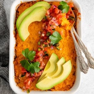 sweet potato casserole with avocado and cilantro.