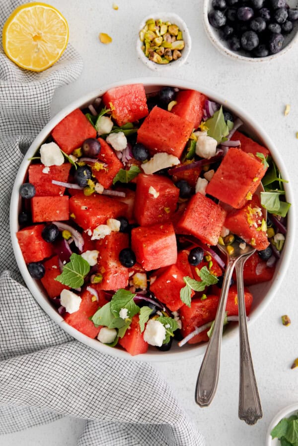 watermelon salad with blueberries and pistachios.