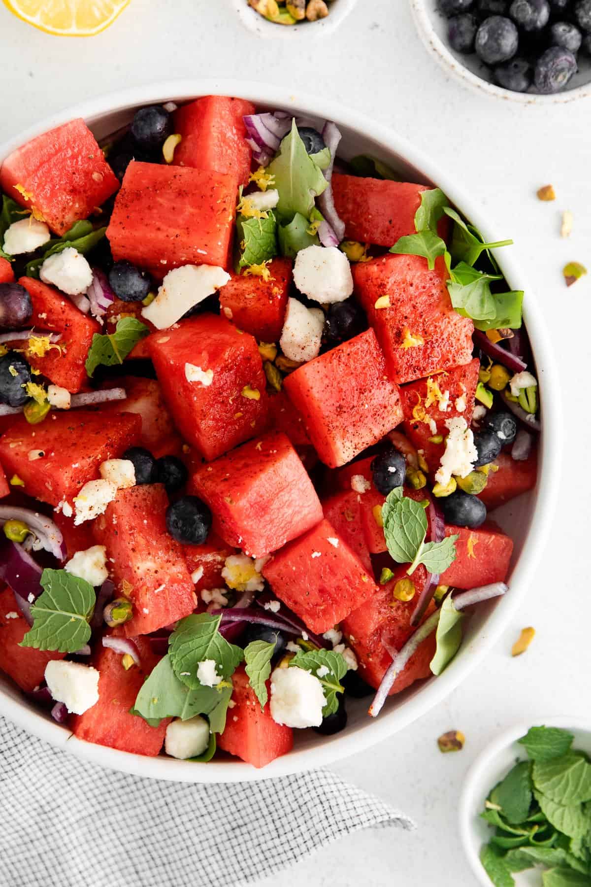 watermelon feta mint salad in bowl. 