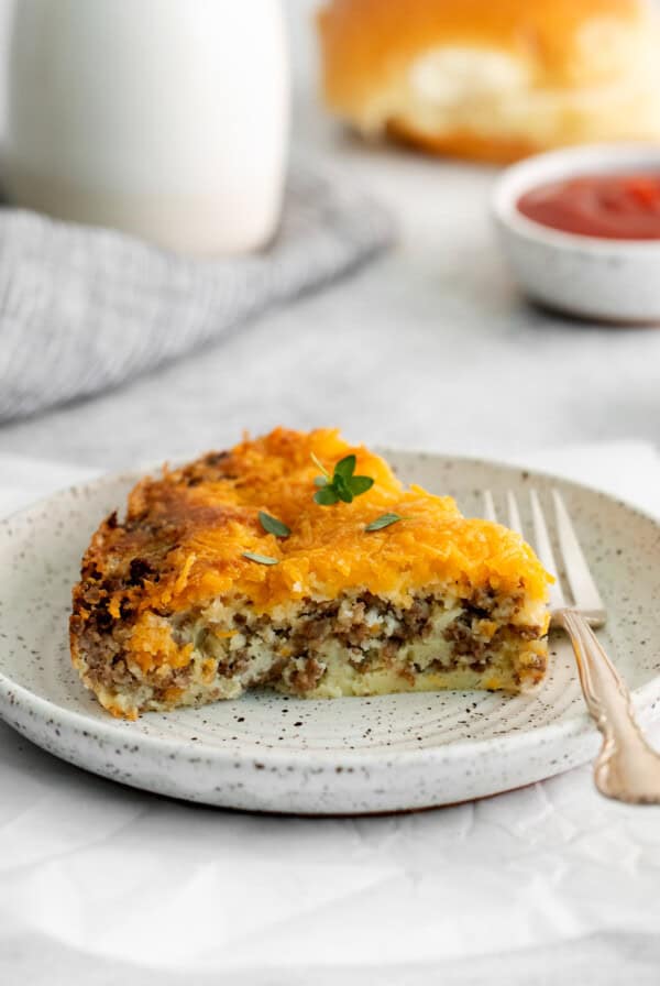 Cheeseburger pie on a plate.