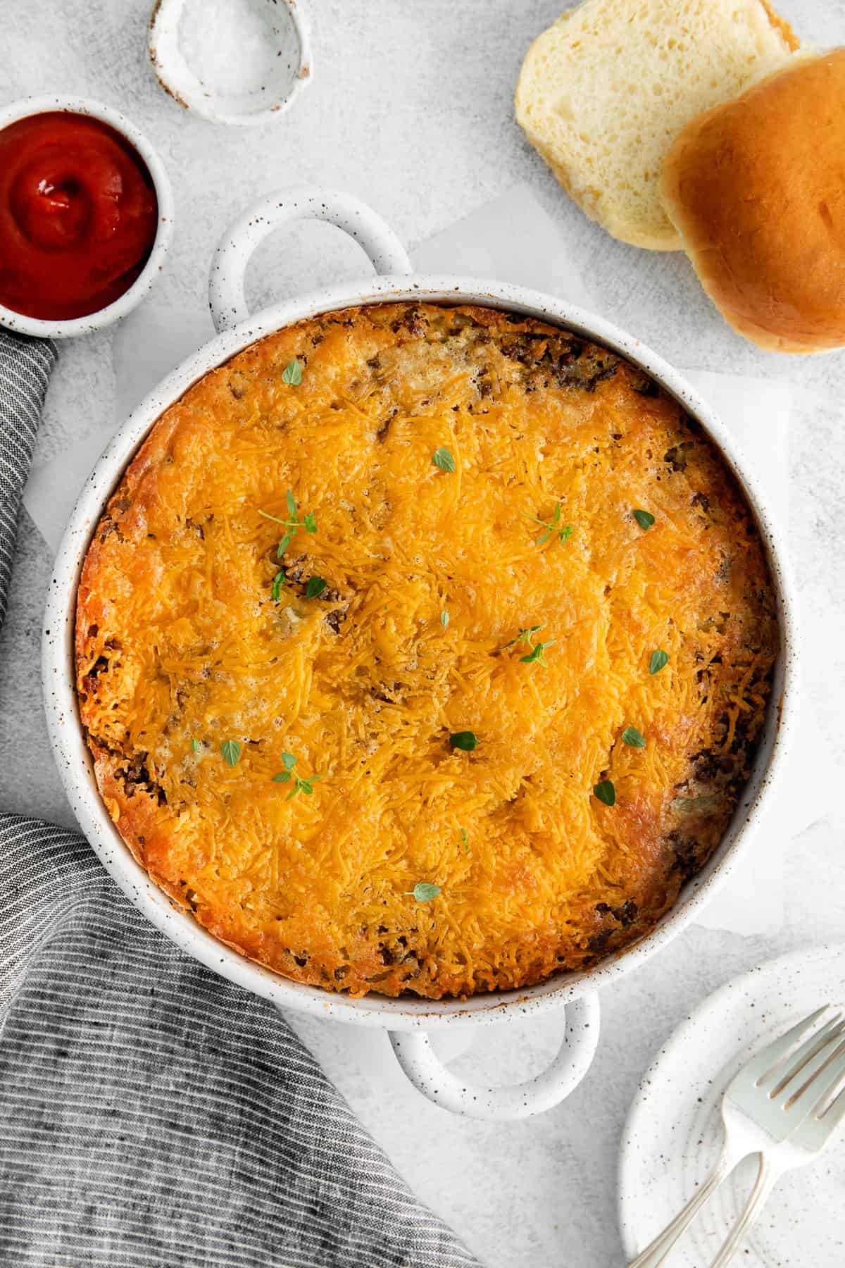 Cheeseburger pie in a baking dish. 