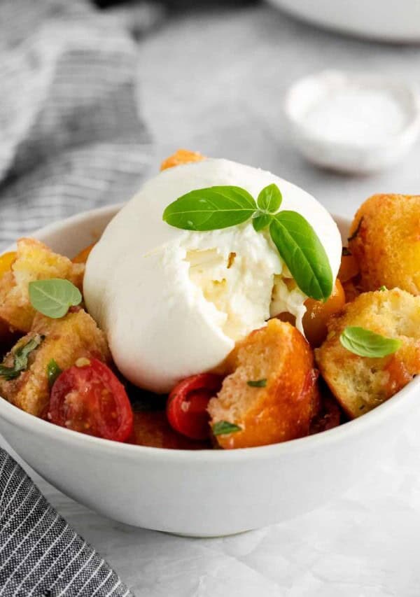 a bowl of Panzanella Salad with Burrata