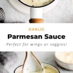 Parmesan garlic sauce in a small white pot.