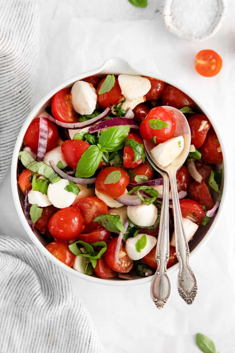 Tomato Mozzarella Salad (with fresh basil!) - The Cheese Knees