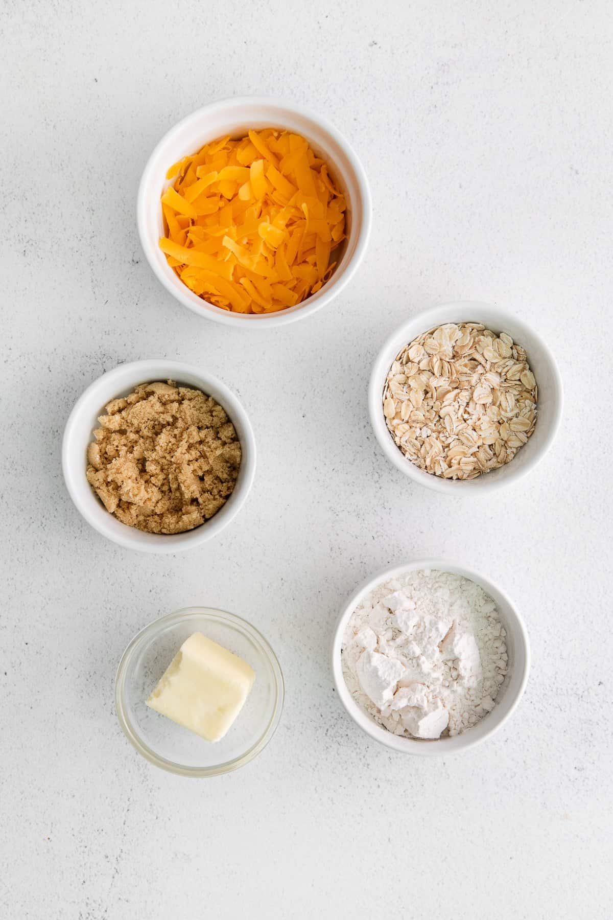 Ingredients for crumble topping in bowls.