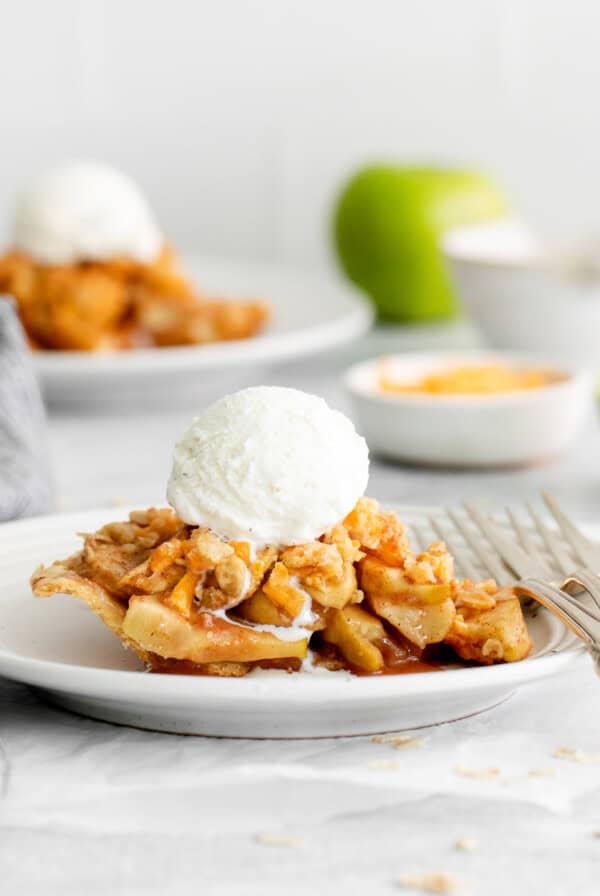 a plate of apple pie with cheese on it.