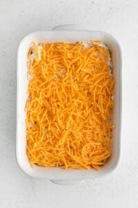 cheesy casserole in a white baking dish.