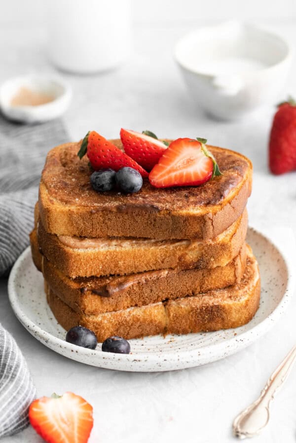 stack of toast on plate.