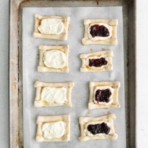 cream cheese danish on baking sheet.