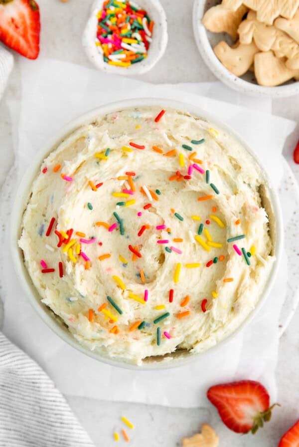 funfetti cake dip in bowl.