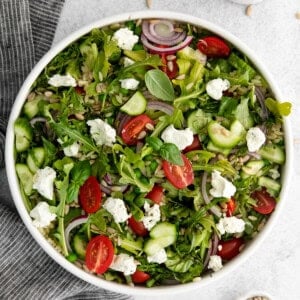 Lemon Orzo Goat Cheese Salad in a bowl.